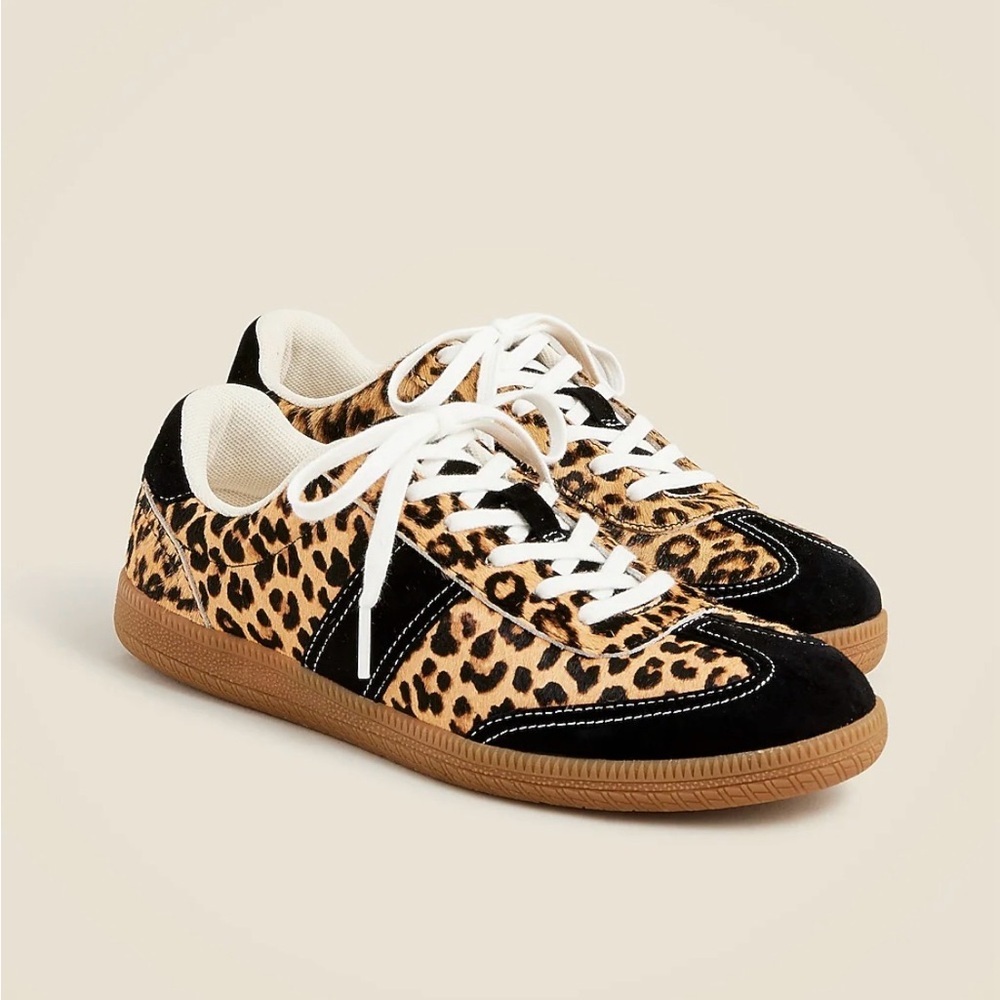 J.Crew Field Sneakers Brown Leopard Real Fur Size 8M